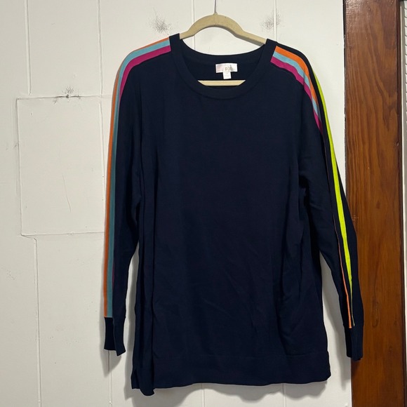 Belle by Kim Gravel Sweaters - Belle by Kim Gravel Navy Blue Rainbow Stripe Sleeve Crew Neck Sweater 2X
